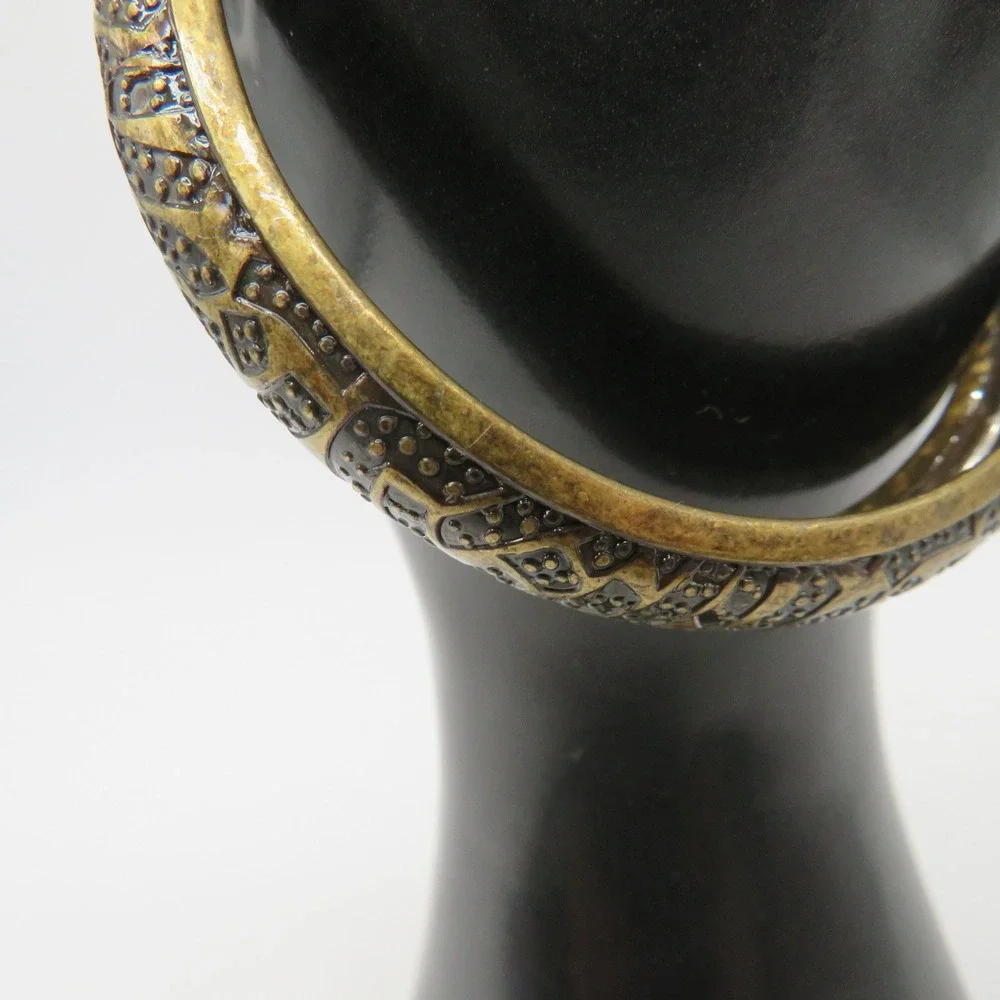 Vintage Antique Gold Tone Geometric Embossed Bangle Bracelet Boho Statement